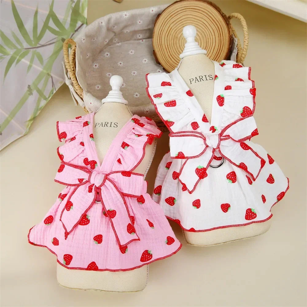 Cute Strawberry Print Dog Dress – Summer Suspender Skirt for Small Dogs & Cats