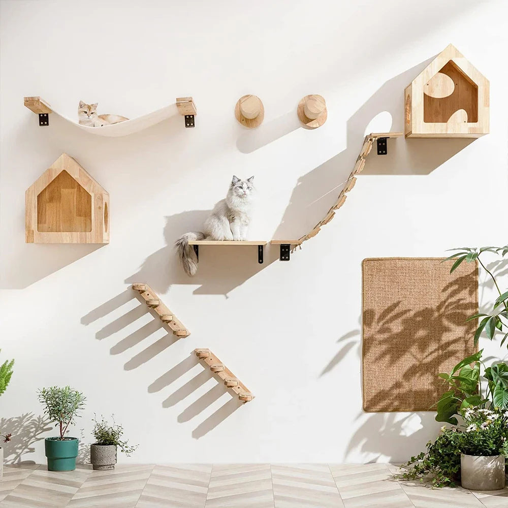 Cat Wall Shelf & Climbing Ladder – Scratching Post, Perch & Hammock Set