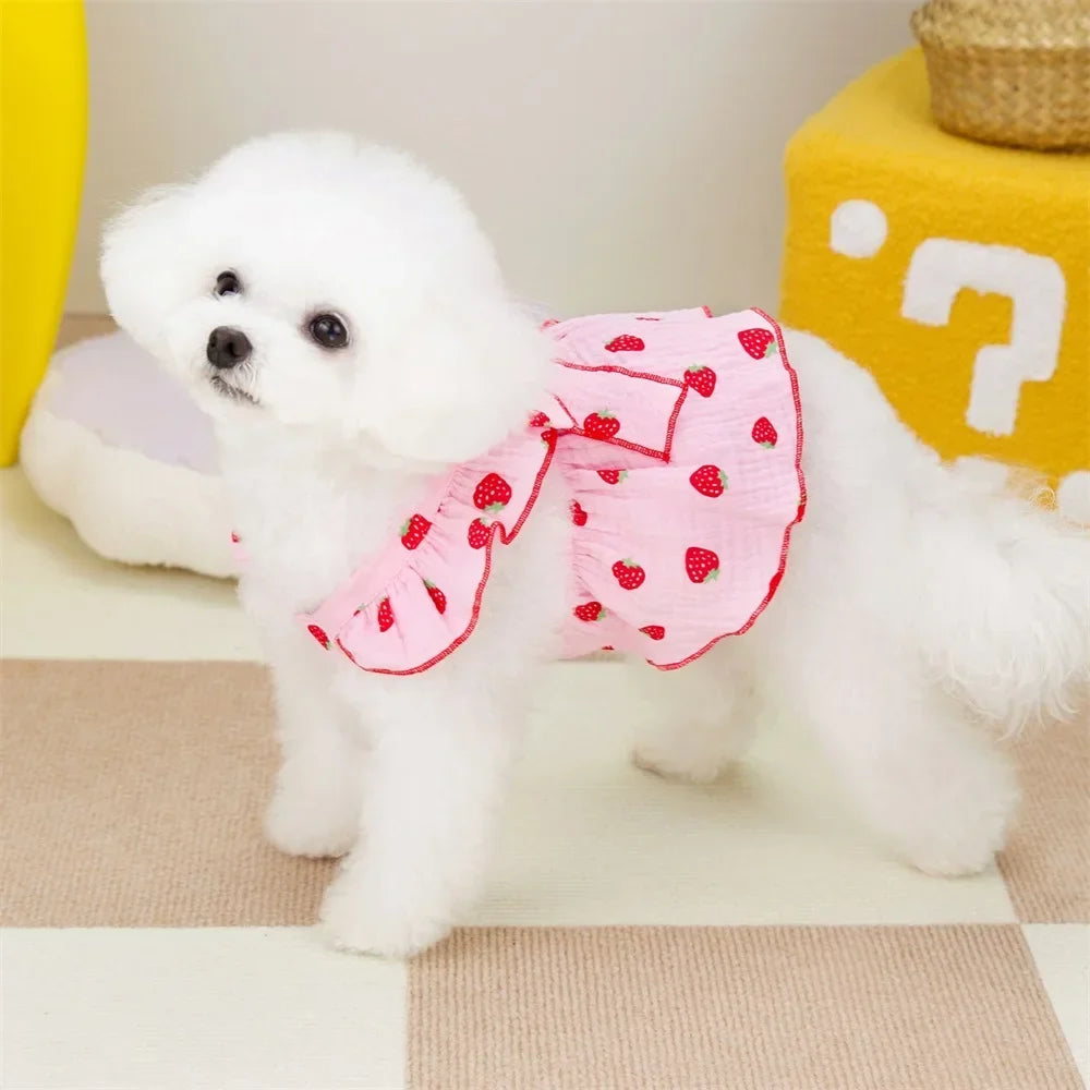 Cute Strawberry Print Dog Dress – Summer Suspender Skirt for Small Dogs & Cats
