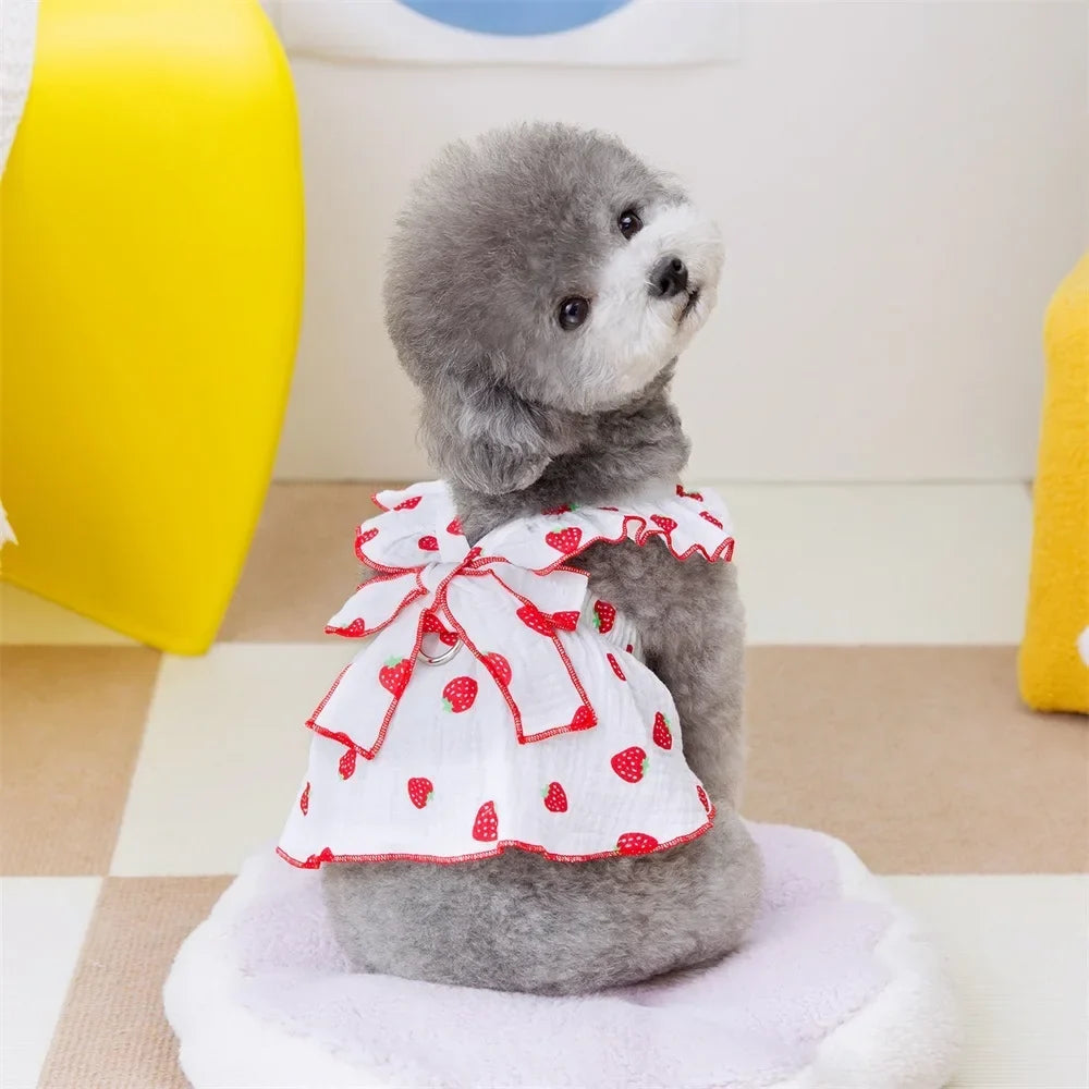 Cute Strawberry Print Dog Dress – Summer Suspender Skirt for Small Dogs & Cats