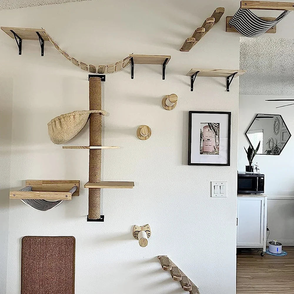 Cat Wall Shelf & Climbing Ladder – Scratching Post, Perch & Hammock Set