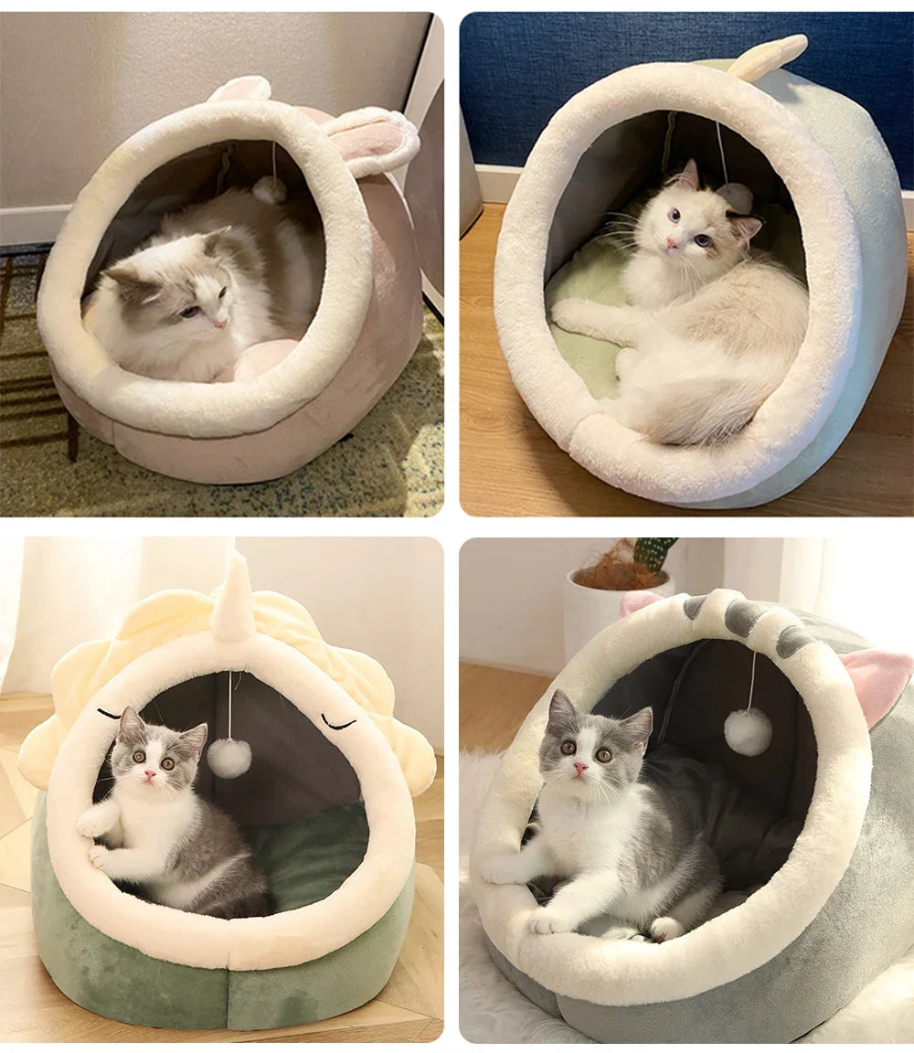 Deep Sleep Cat Bed – Cute Cartoon Cave Bed with Ear Design | Foldable, Washable Pet Sleeping Mat for Cats & Small Dogs