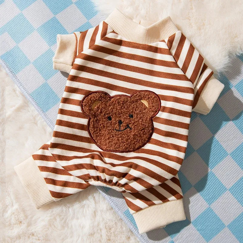 Cute Bear Striped Dog Jumpsuit – 100% Cotton Four-Leg Pajamas for Small Dogs & Cats