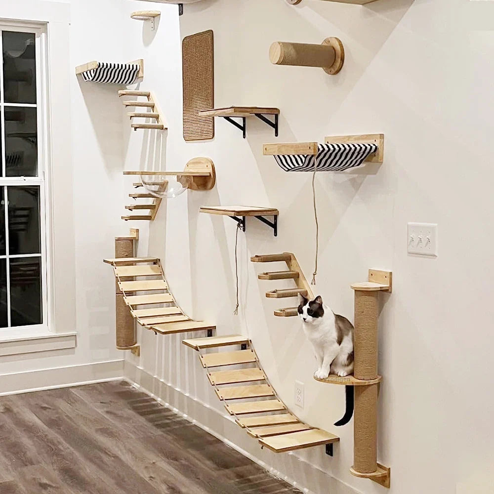 Cat Wall Shelf & Climbing Ladder – Scratching Post, Perch & Hammock Set