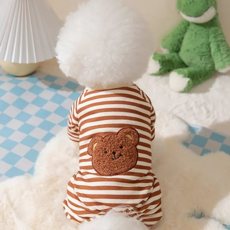 Cute Bear Striped Dog Jumpsuit – 100% Cotton Four-Leg Pajamas for Small Dogs & Cats