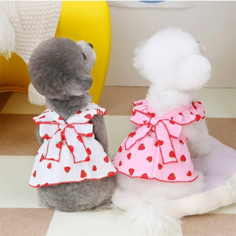 Cute Strawberry Print Dog Dress – Summer Suspender Skirt for Small Dogs & Cats