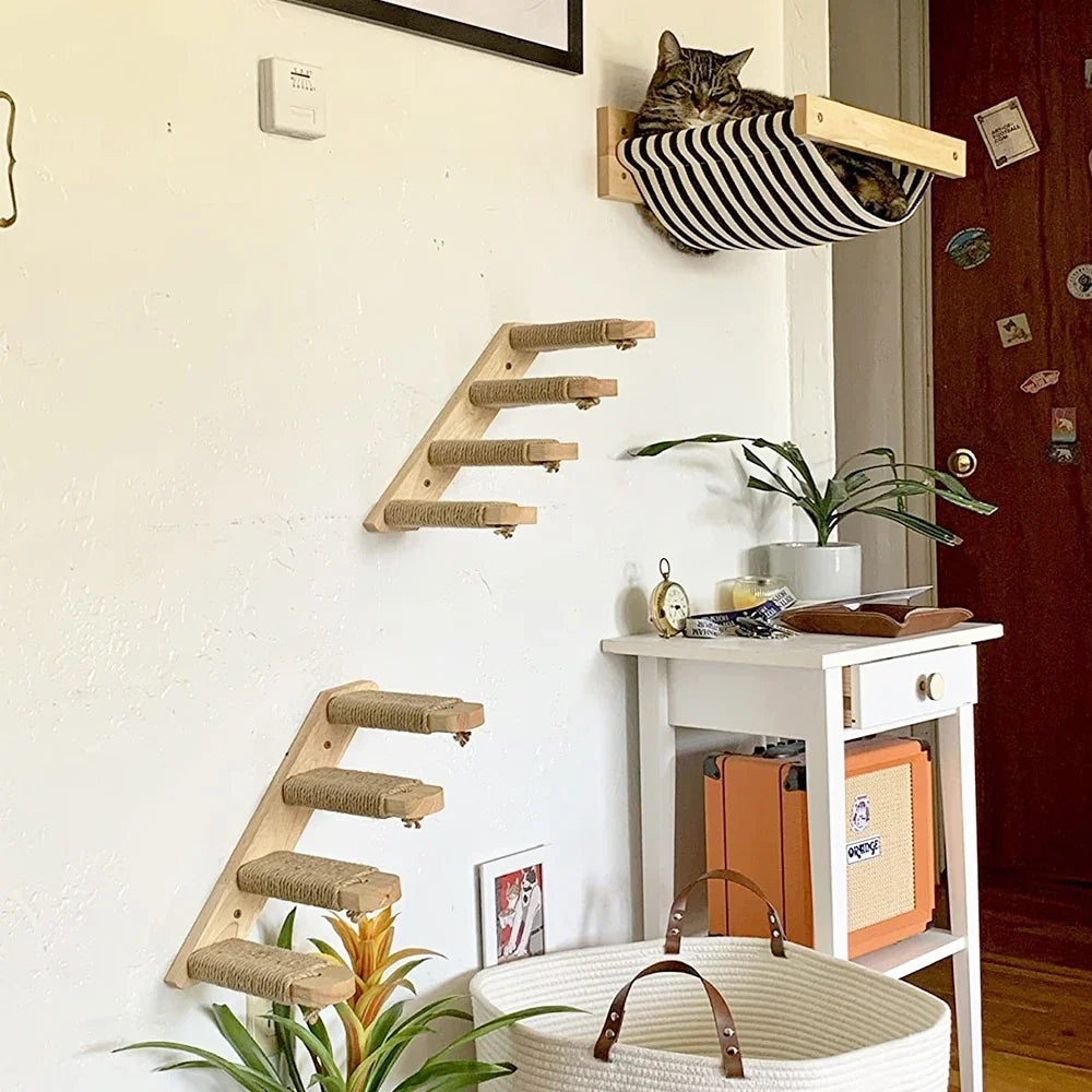 Cat Wall Shelf & Climbing Ladder – Scratching Post, Perch & Hammock Set