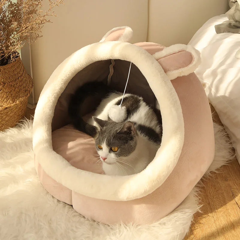 Deep Sleep Cat Bed – Cute Cartoon Cave Bed with Ear Design | Foldable, Washable Pet Sleeping Mat for Cats & Small Dogs