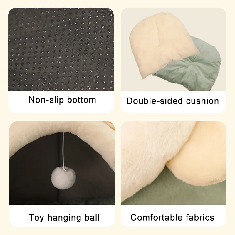 Deep Sleep Cat Bed – Cute Cartoon Cave Bed with Ear Design | Foldable, Washable Pet Sleeping Mat for Cats & Small Dogs