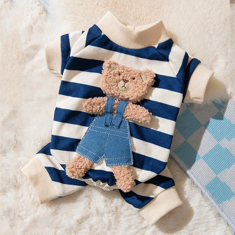 Cute Bear Striped Dog Jumpsuit – 100% Cotton Four-Leg Pajamas for Small Dogs & Cats
