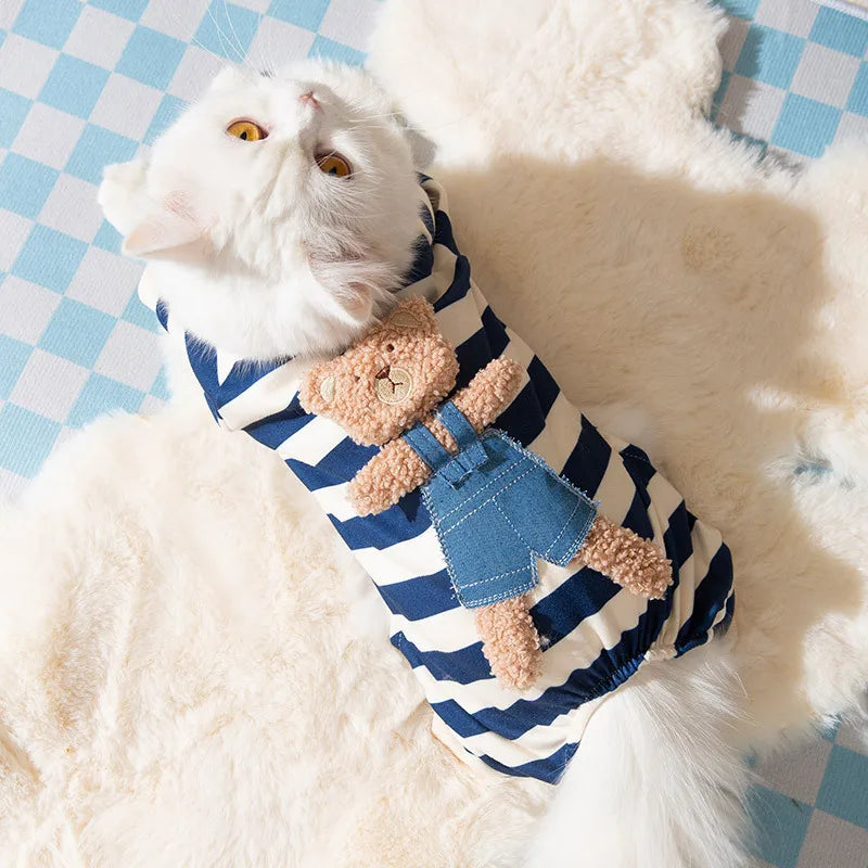 Cute Bear Striped Dog Jumpsuit – 100% Cotton Four-Leg Pajamas for Small Dogs & Cats