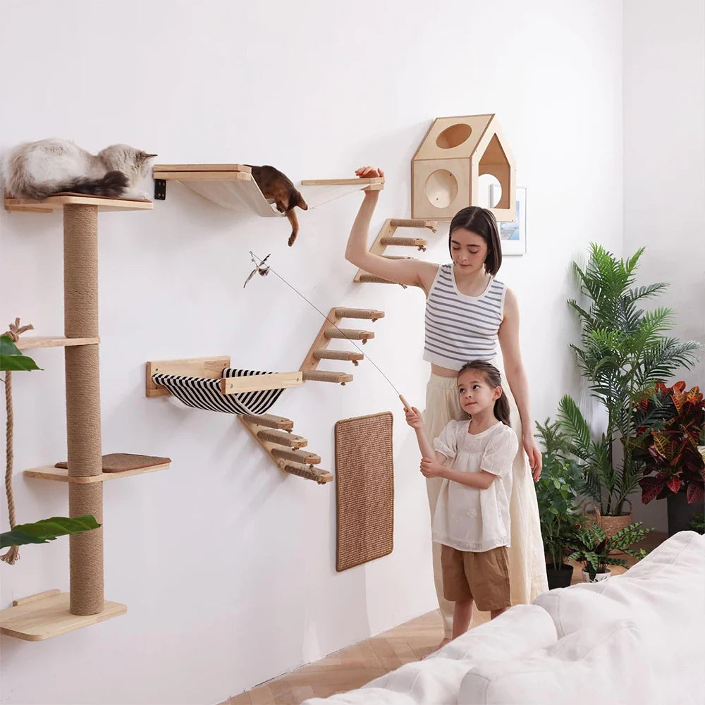 Cat Wall Shelf & Climbing Ladder – Scratching Post, Perch & Hammock Set