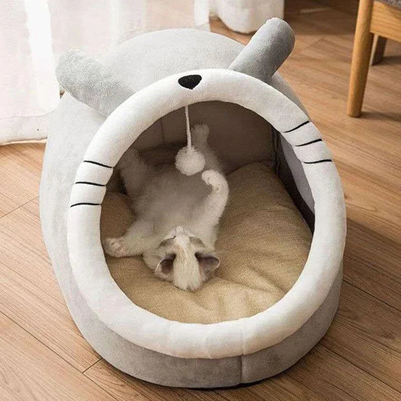 Deep Sleep Cat Bed – Cute Cartoon Cave Bed with Ear Design | Foldable, Washable Pet Sleeping Mat for Cats & Small Dogs