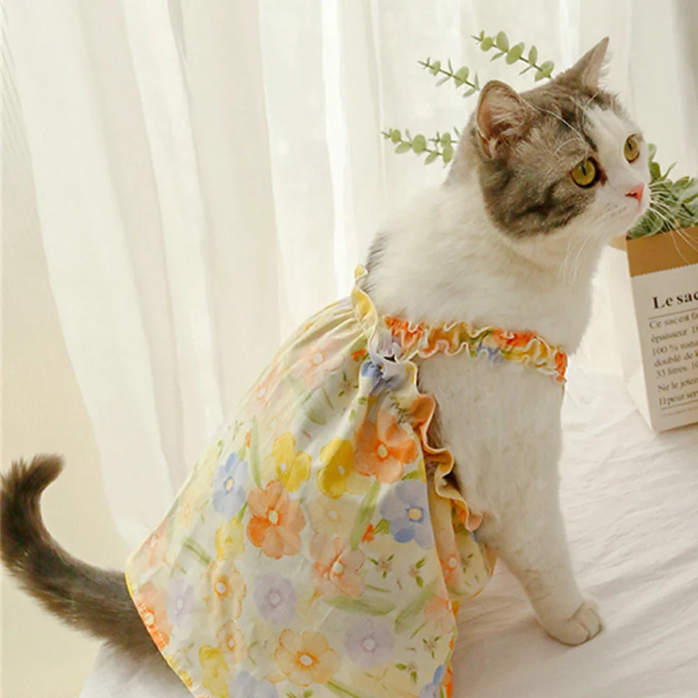 Floral Cat Suspender Skirt – Summer Cotton Pet Princess Dress for Sphynx, Kittens & Small Dogs | XS–XL