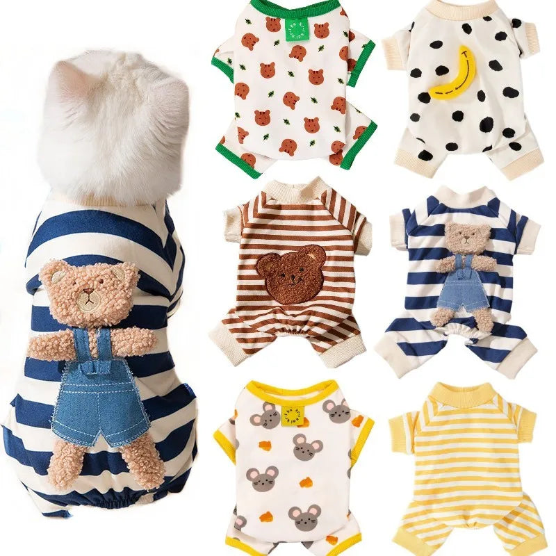 Cute Bear Striped Dog Jumpsuit – 100% Cotton Four-Leg Pajamas for Small Dogs & Cats